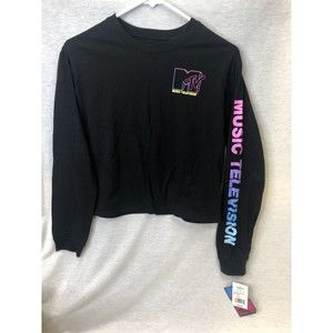 MTV Music Television Logo Crop Top Size Small Black T Shirt NEW